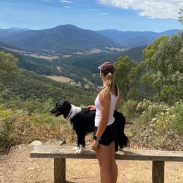 a person with a dog looking at a mountain landscape